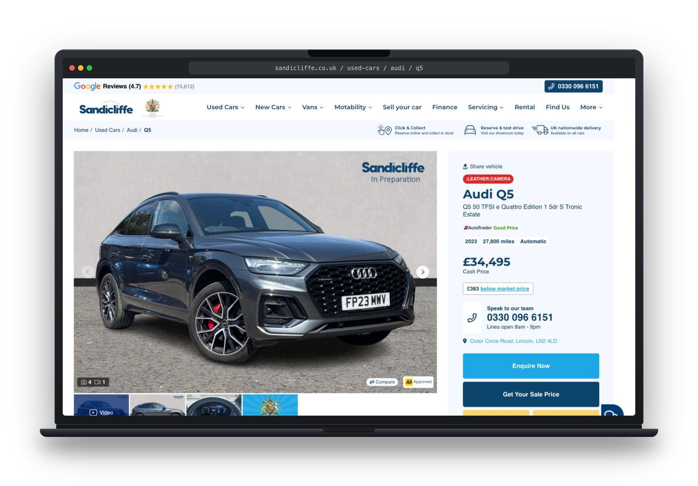 A Sandicliffe vehicle page on a laptop